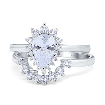 14K White Gold Teardrop Two Piece Art Deco Simulated CZ Wedding Ring Curved Band